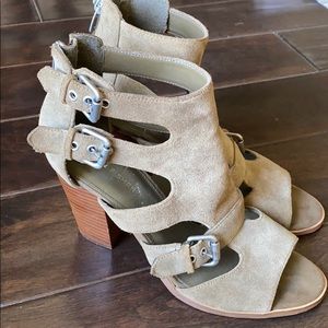 Khaki Marc Fisher Stack heel Cage Shooties
